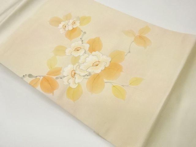 作家物　手描き花葉模様刺繍名古屋帯